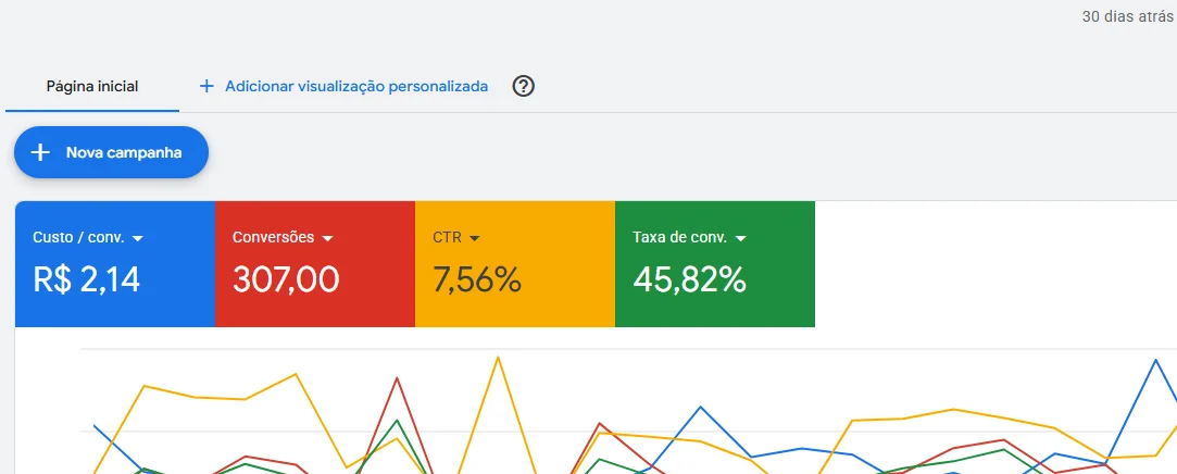 Painel do Google Ads de uma conta de autopeças com 307 conversões em 30 dias